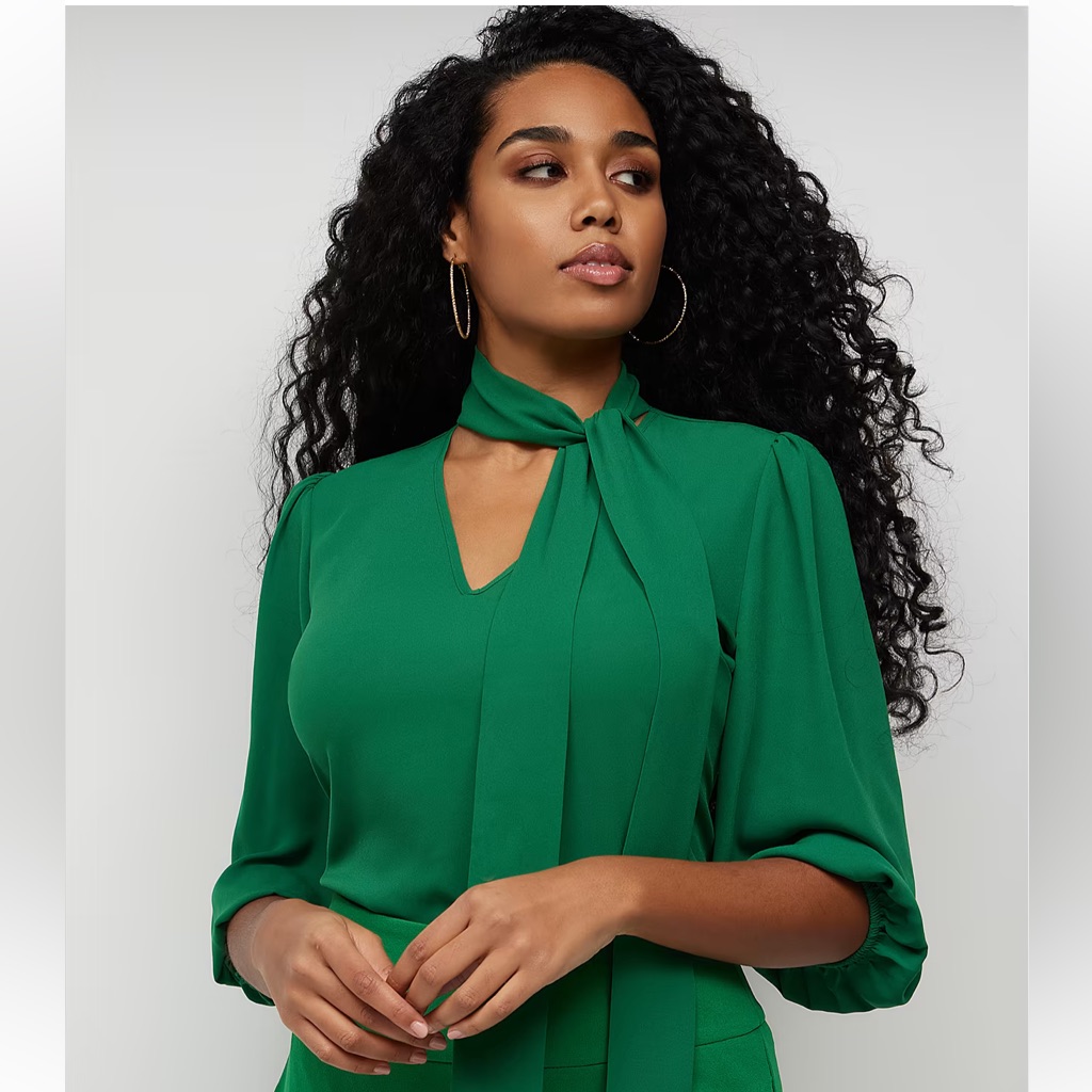 Brand New New York And Company Brand Bow Neck Green Blouse Size M